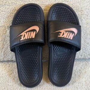 Nike Slides Black Pink Logo Comfort Sandals Casual Sport Athletic Slip On